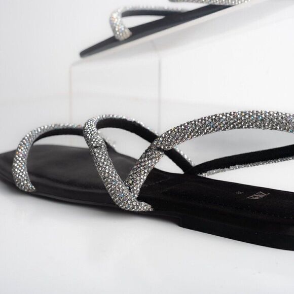 Zara Womens Black Strappy Rhinestone Slingback Flat Sandals Sz US 7.5 EU 38 - Picture 6 of 10